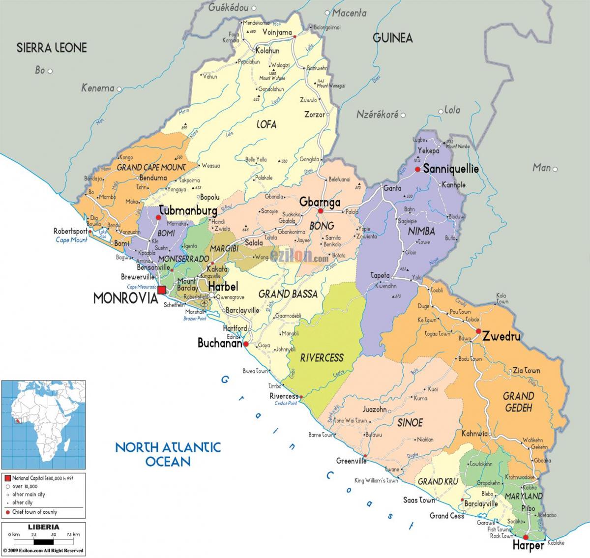 žemėlapis Liberija šalį