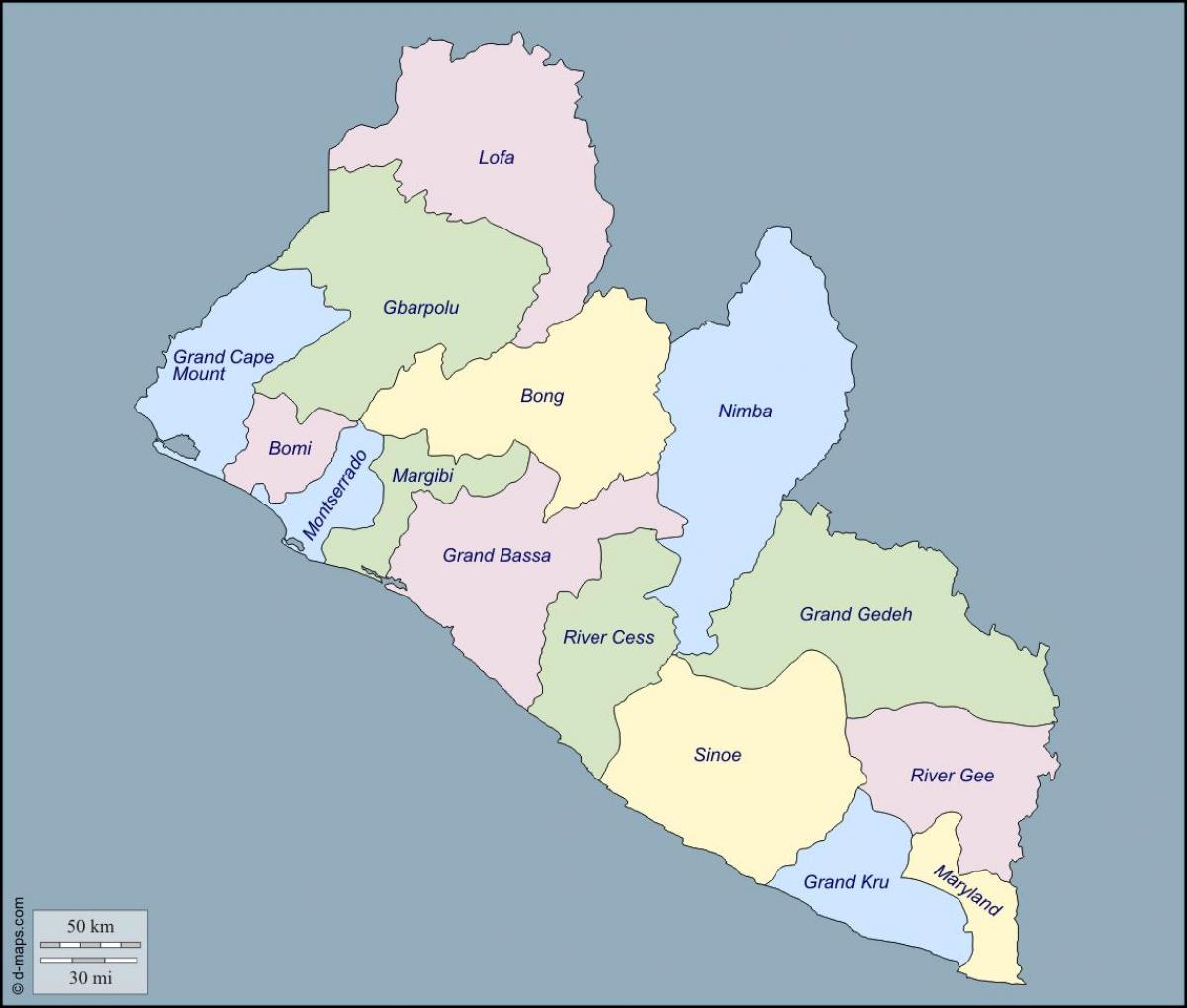 žemėlapis Liberija apskrityse