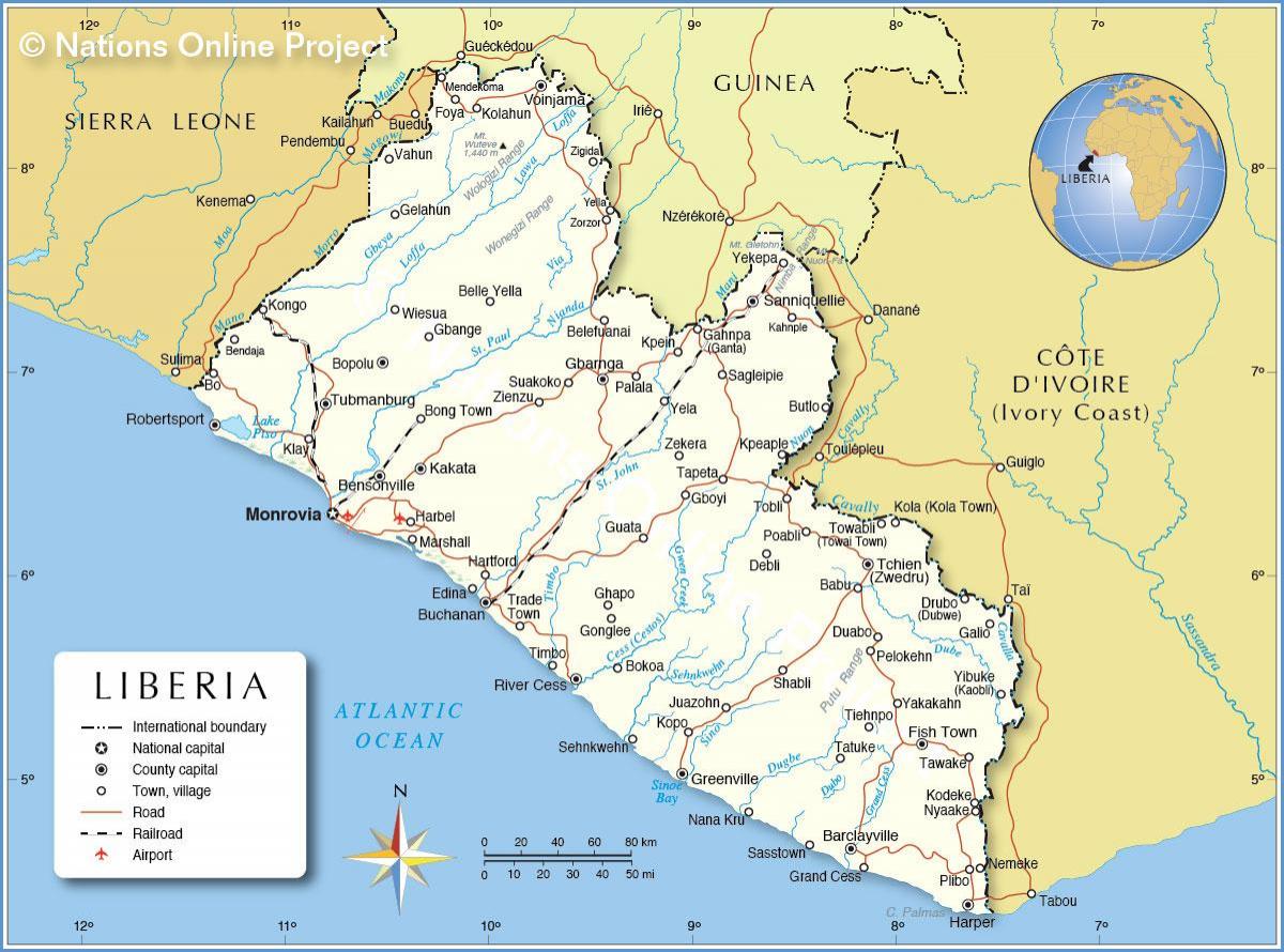 žemėlapis Liberija vakarų afrikoje.